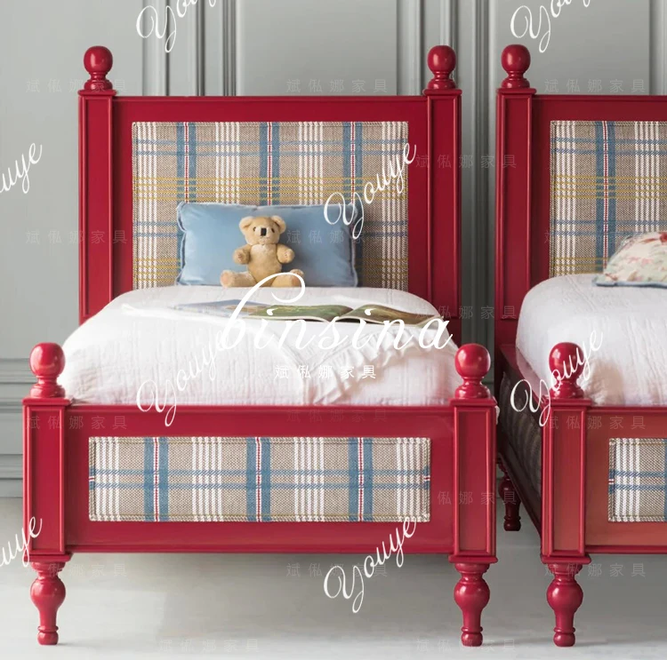 [المدينة الرجعية] سرير مفرد للأطفال/غرفة نوم رئيسية من الخشب الصلب الأحمر وسرير مزدوج/سرير فتاة جيدة للأولاد يمكن تخصيصها