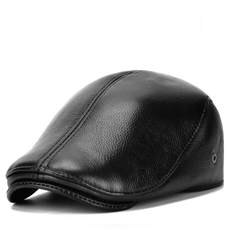 Sombrero de cuero genuino para hombre, boinas masculinas para exteriores, gorro de protección para los oídos, 100% cuero genuino, Ocio al por mayor