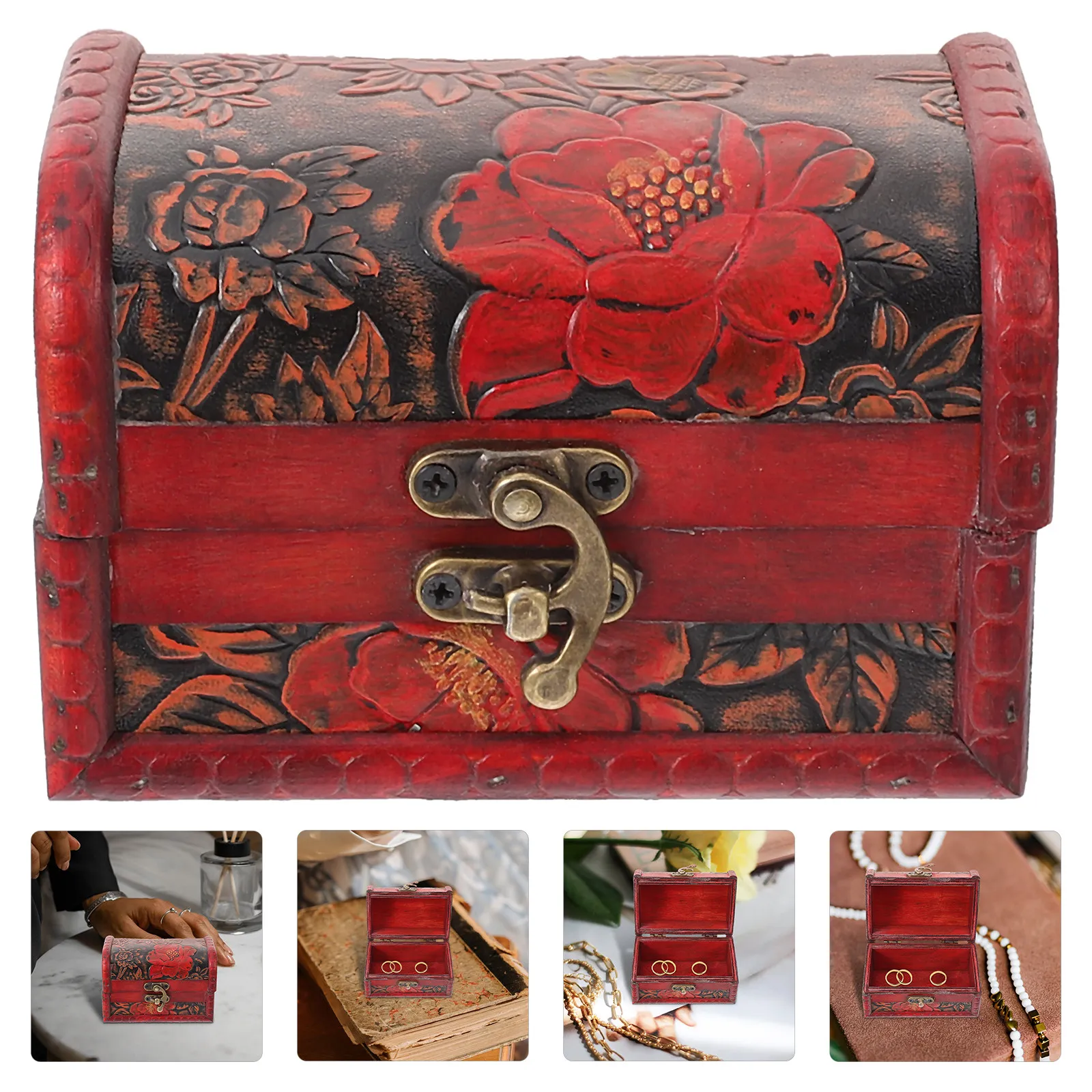Wooden Jewelry Chest Vintage Retro Storage Box Large Capacity Treasure Box Trinket Keepsake Holder Wood Storage Chest