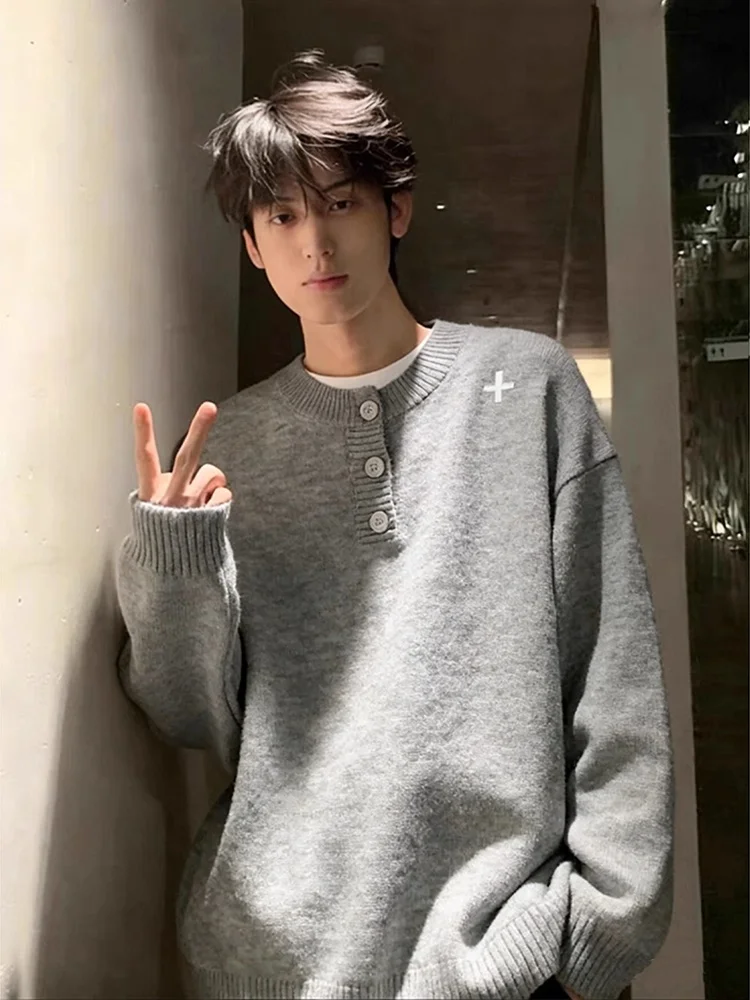 

American Retro Embroidered Thiened Henry Collar Knitwear Men's Autumn Winter Warm Faion Brand Haome High-End Feeling S...