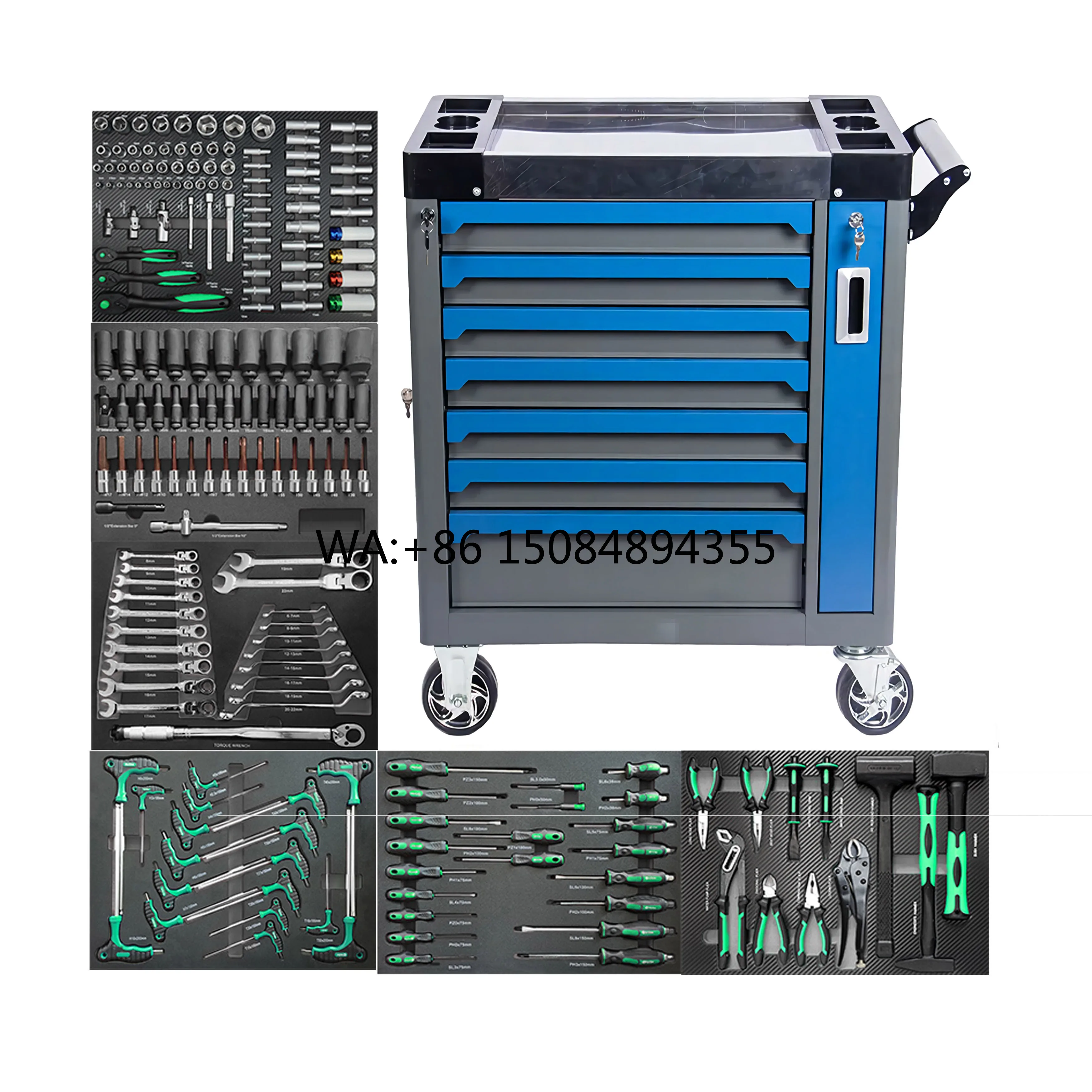 

CE Certified Stainless Steel Tool Cabinet Trolley Chest 8 Drawers 202 Pcs Tool Sets Heavy Duty Workshop Roller for Garage OEM