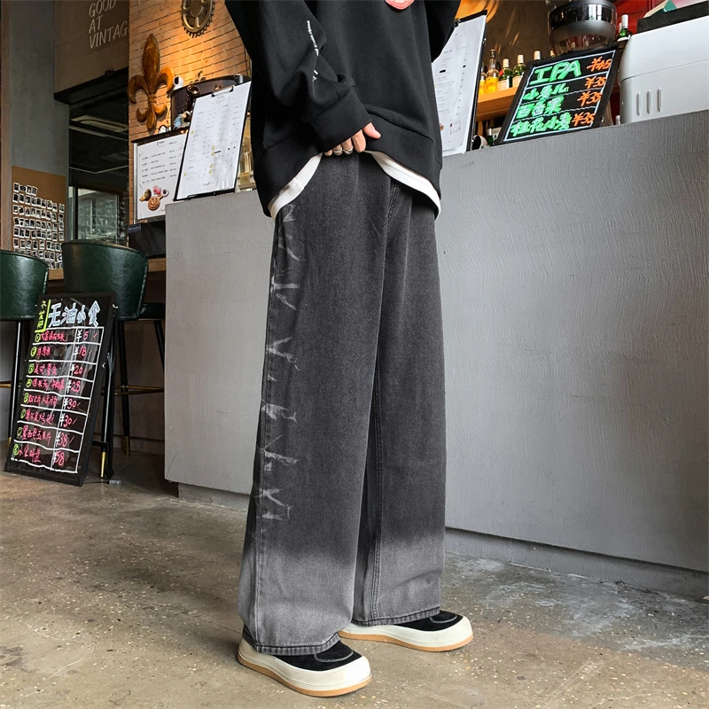 

Men's Wide Leg Jeans Oversized Street Baggy Straight Denim Pants Elastic Waist Korean Trendy Trousers Hip-hop Streetwear Z114