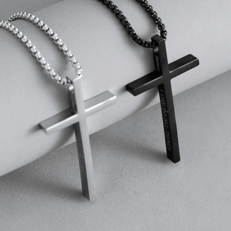 1 Pc Stainless Steel Men's Bible Verse Cross Necklace - Versatile High-end Does Not Fade Engraved on The Side
