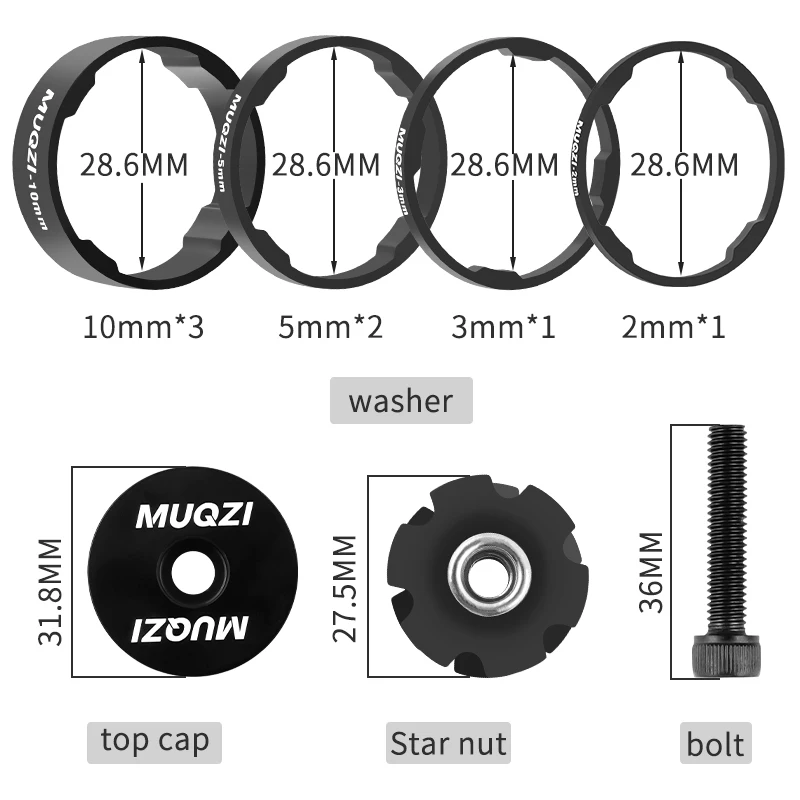 MUQZI Bike Headset Spacer Kit 1-1/8 Inch 28.6mm Fork Washer 2mm 3mm 5mm 10mm With Stem Top Cap MTB Road Bicycle Accessories