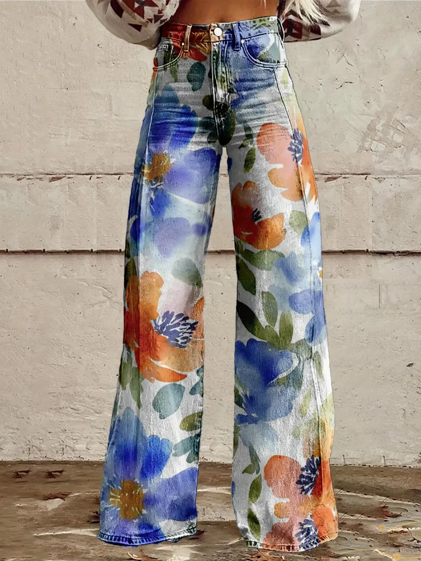 2026Women's imitation denim pants with retro fashion patterns, autumn and winter printed patterns, denim style,