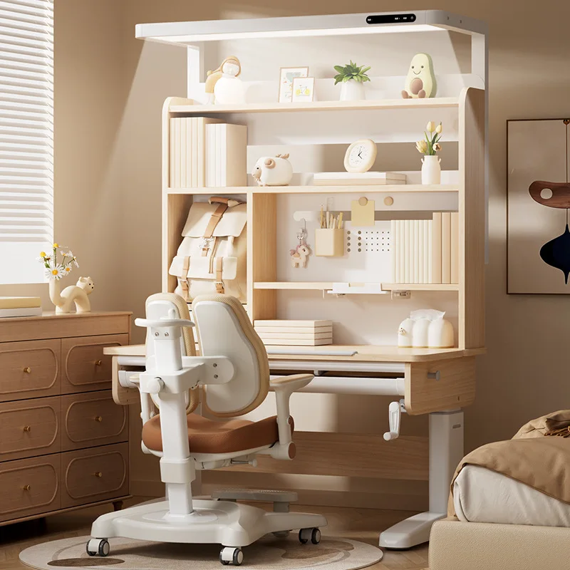 Children's study table Lifting table, table and chair set Primary school student desk Solid wood bookcase integrated home