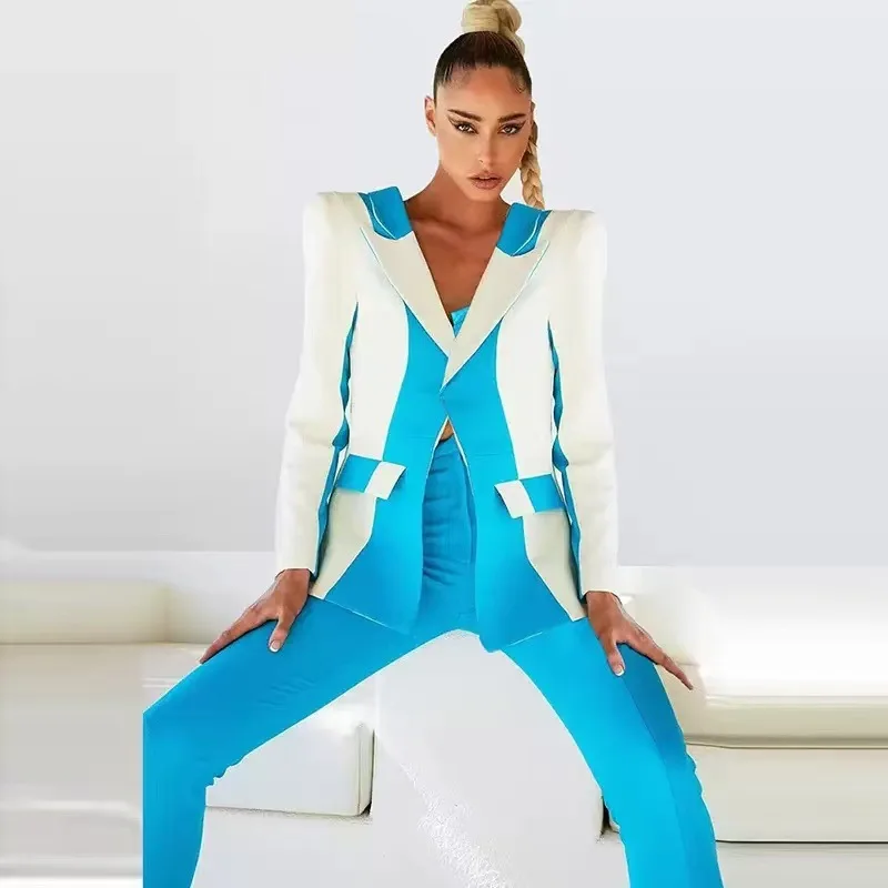 

Fashionable Color Block Two Button Small Suit Straight Leg Pants Set New Arrival Celebrity Endorsed Two Piece Women's Ensemble