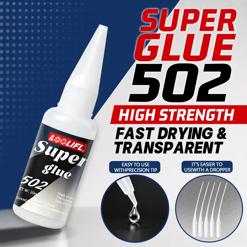 Loolifl-502-20Ml Instant Transparent Cyanoacrylate Medium Thick Viscosity Adhesive, Food-Safe Ca Glue for Shoe Repair, Leather, Ceramics, Plastic, Glass, Metal, Aquariums, Rubber, Pottery, Model Crafts