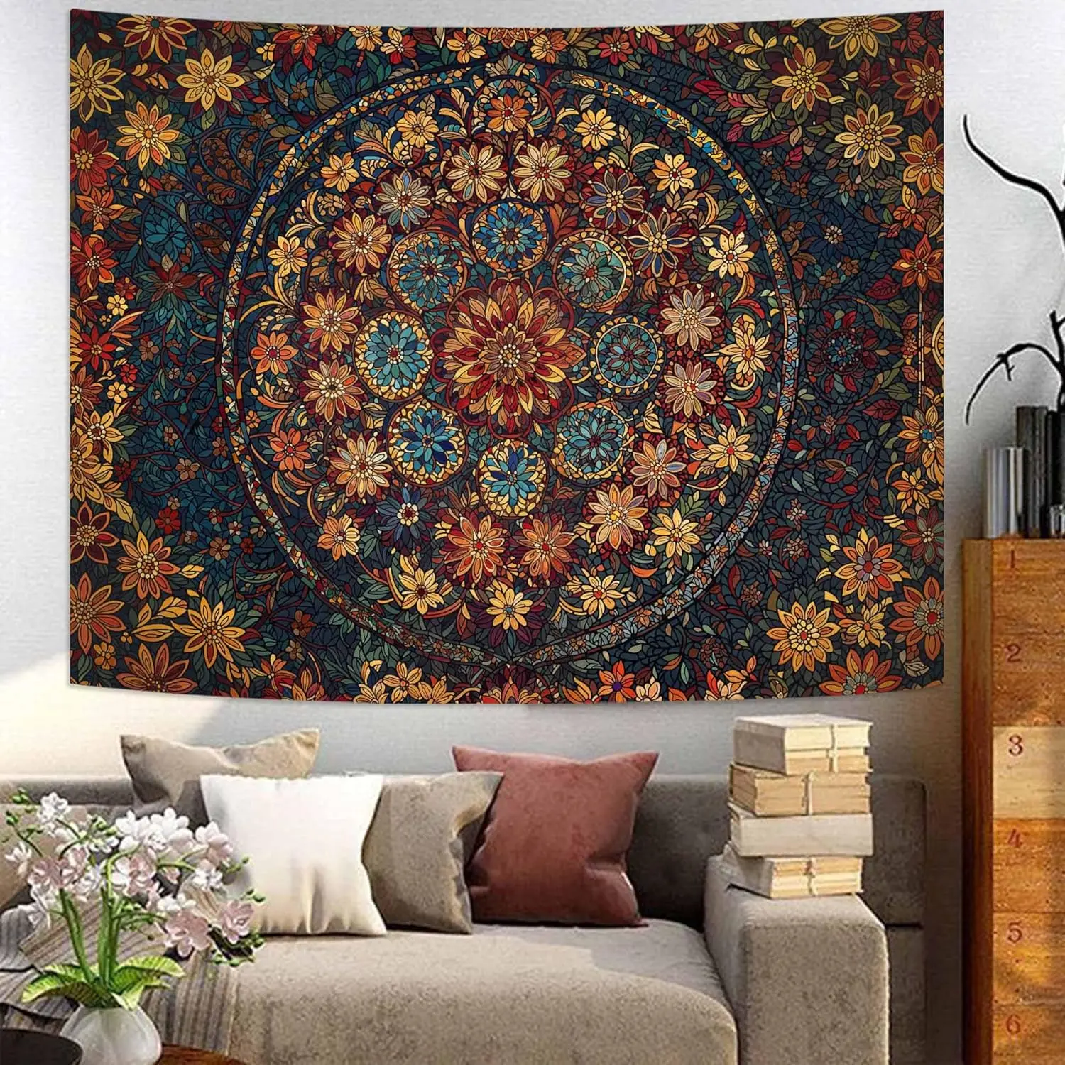 Boho Floral Mandala Tapestry Wall Hanging Vintage Bohemian Flower Medallion Tapestry Aesthetic Orange Stained Glass Hippie Small