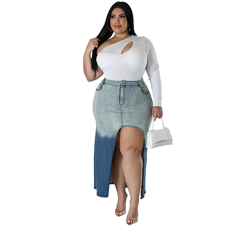 Wome Plus Size Denim Skirt  Fashion Gradient Slit High Waisted Washed Lady Skirt Summer All Matches Streetwear