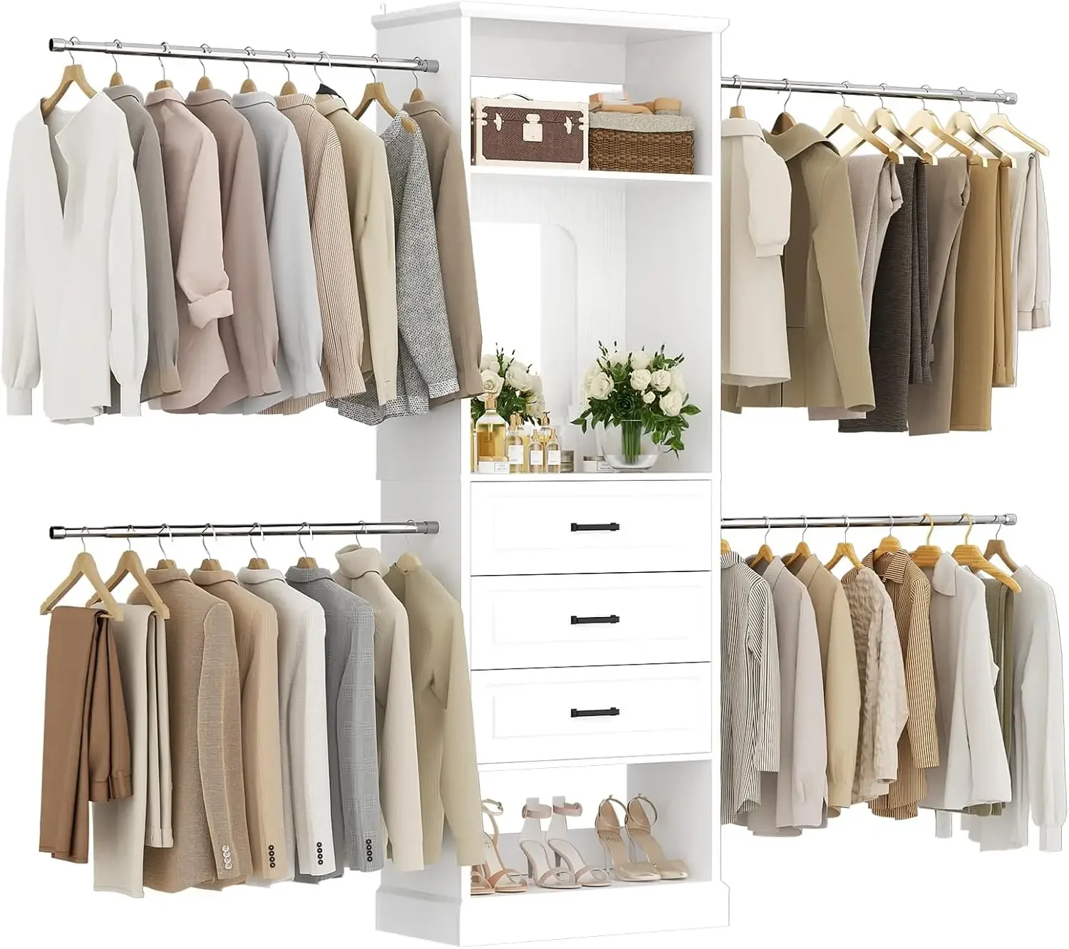 Closet System, 4FT - 9FT Closet Organizer with Mirror, Luxury Walk in Closet Insert with Drawers and 4 Hanging Rods, Sturdy Wood