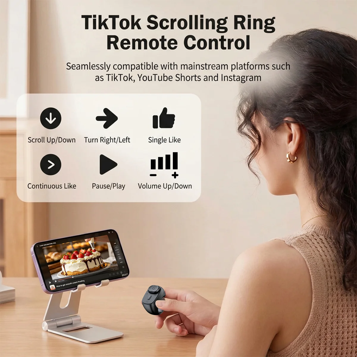 Bluetooth Ring Remote Control, Wireless Phone Scroller for YouTube Instagram, Hands‑Free Scroll Like Play Pause Volume Co