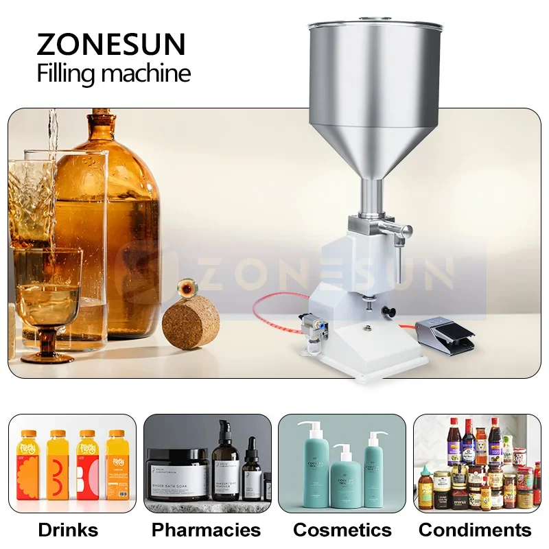 ZONESUN 수동 액체 필러, 공압 페이스트, 꿀 로션 충전 기계, 두꺼운 유체 오일 병, 화장품 ZS-A02