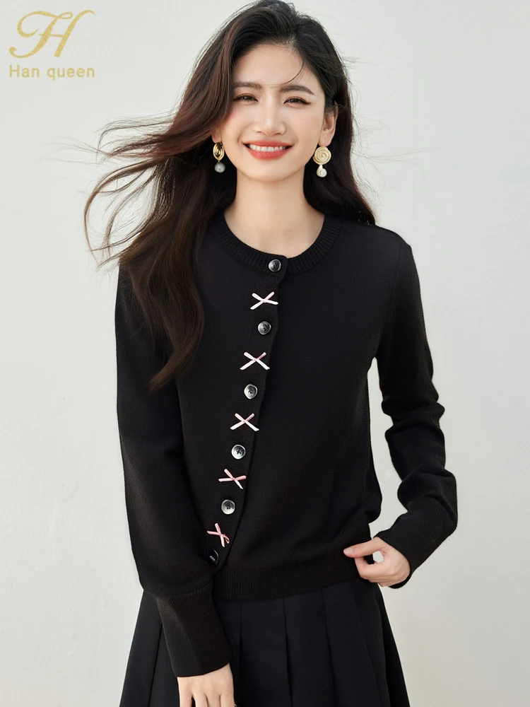 

H Han Queen Autumn Korean Chic Single-Breasted Cardigan Sweater For Womens Fashion Work Loose Knitwear Winter Clothes Woman 2025