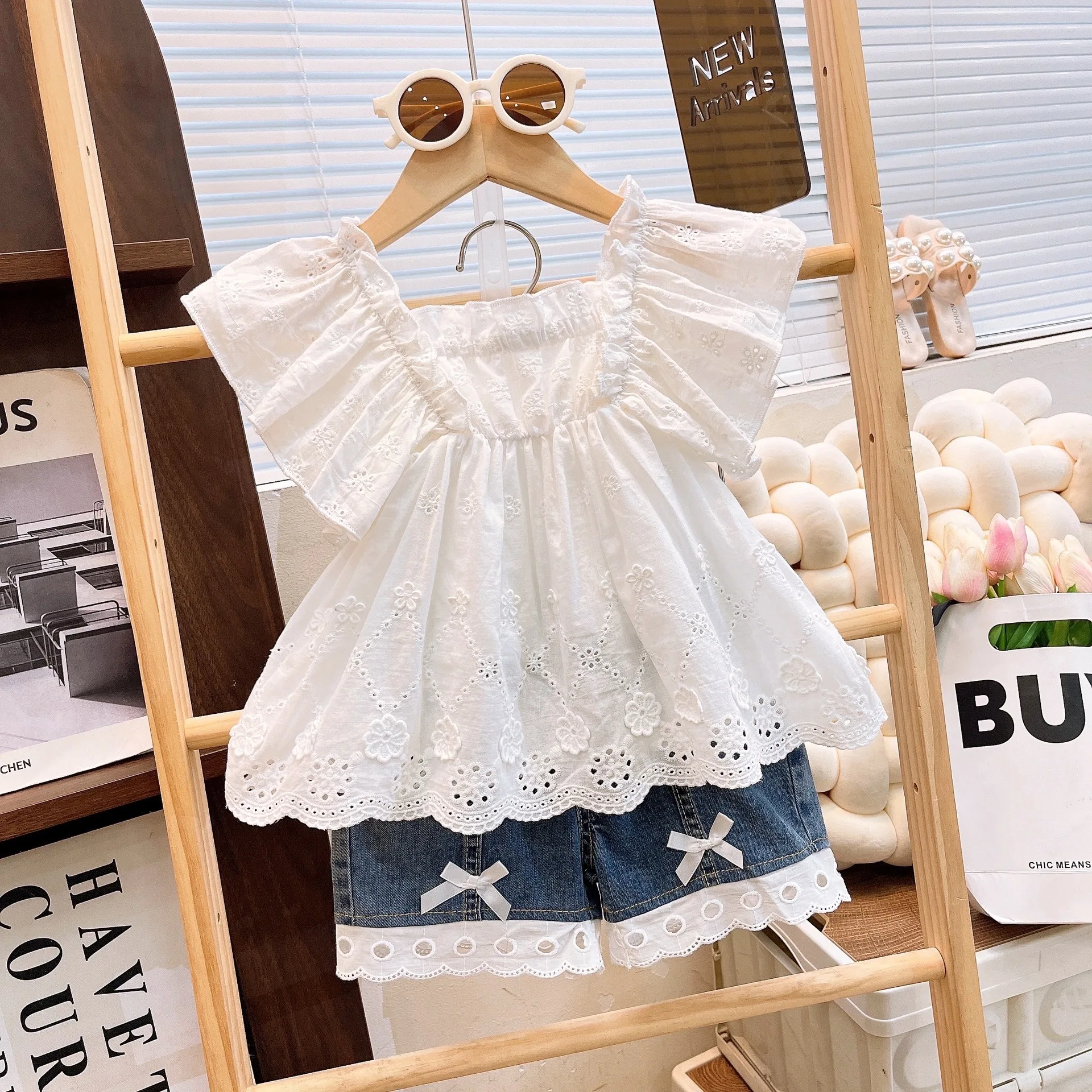 2025 Children Clothing Sets Girls' Summer New Cute Lace Doll Top+Cowboy Shorts Two Piece Set Girls Clothing Sets