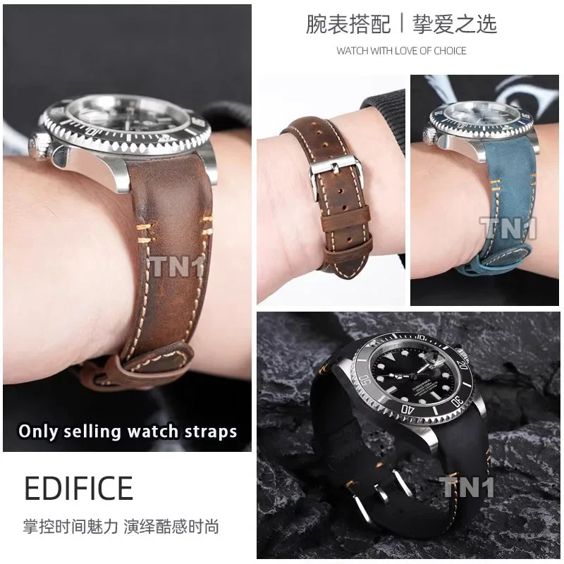 Cowhide Watch band For Rolex Black Green Buffalo Daytona Tudor Omega Seamaster 300 Vintage Crazy Horse Leather Watch strap 20mm