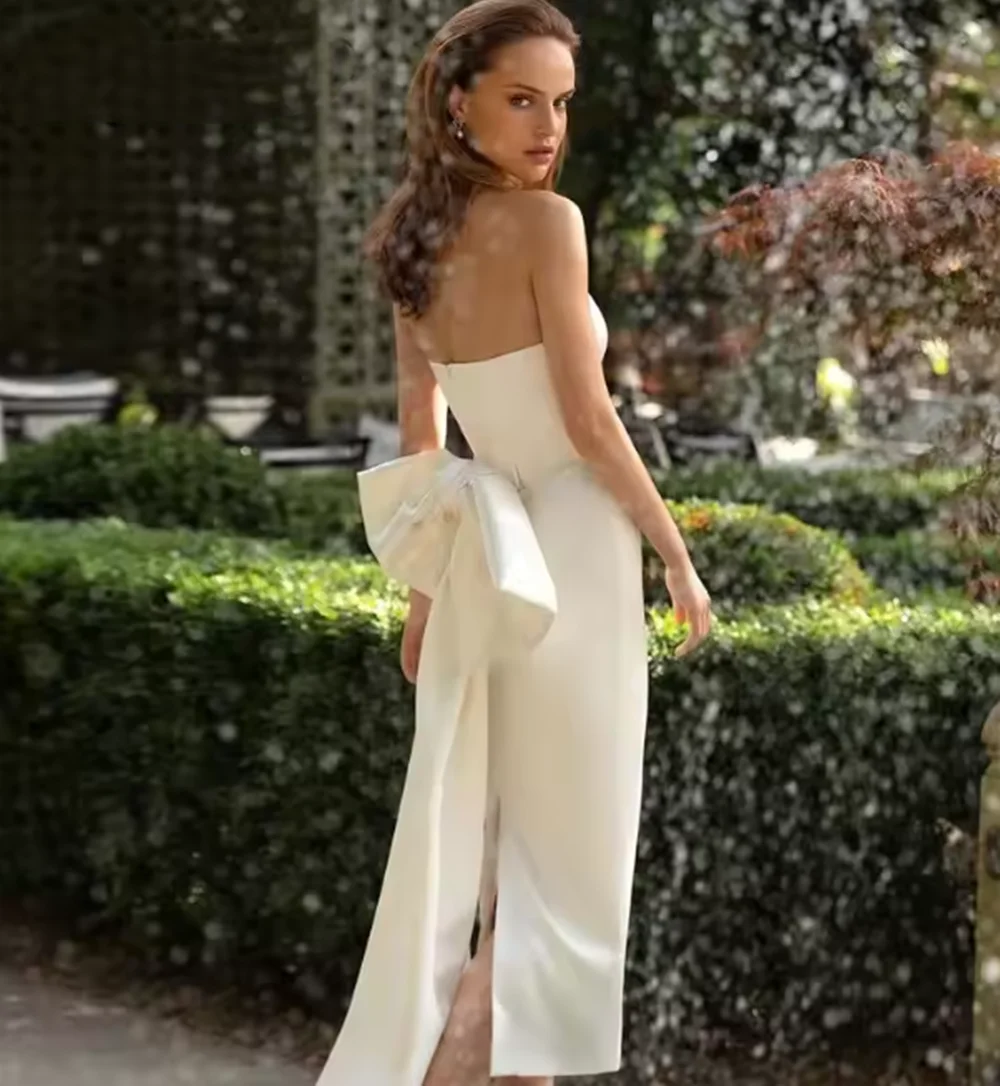 White Wedding Dresses Strapless Split Bridal Dress With Bow Sexy Tea-Length Sleeveless Satin Wedding Gowns Customized