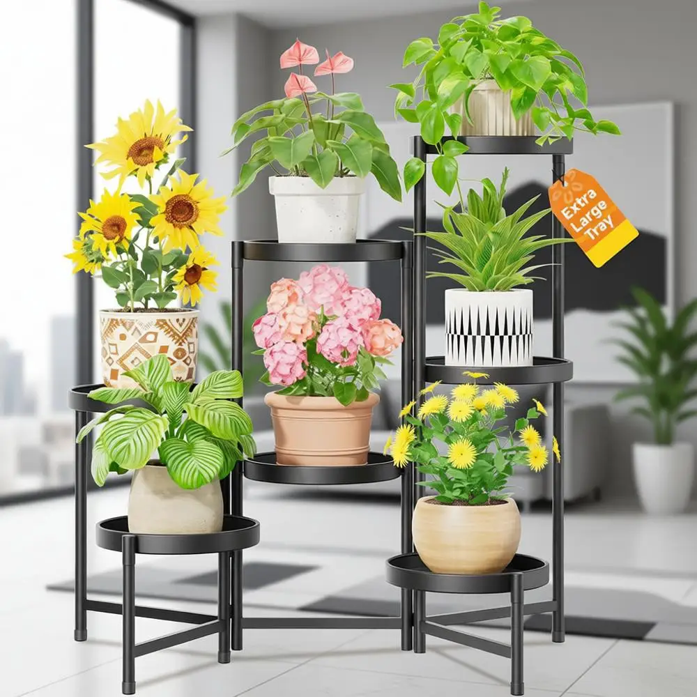 

Adjustable Heavy-Duty Indoor Plant Stand for Multiple Large Planters - Tall, Rust-Proof, 10 Inch Wide Trays, Black, Narrow Floor