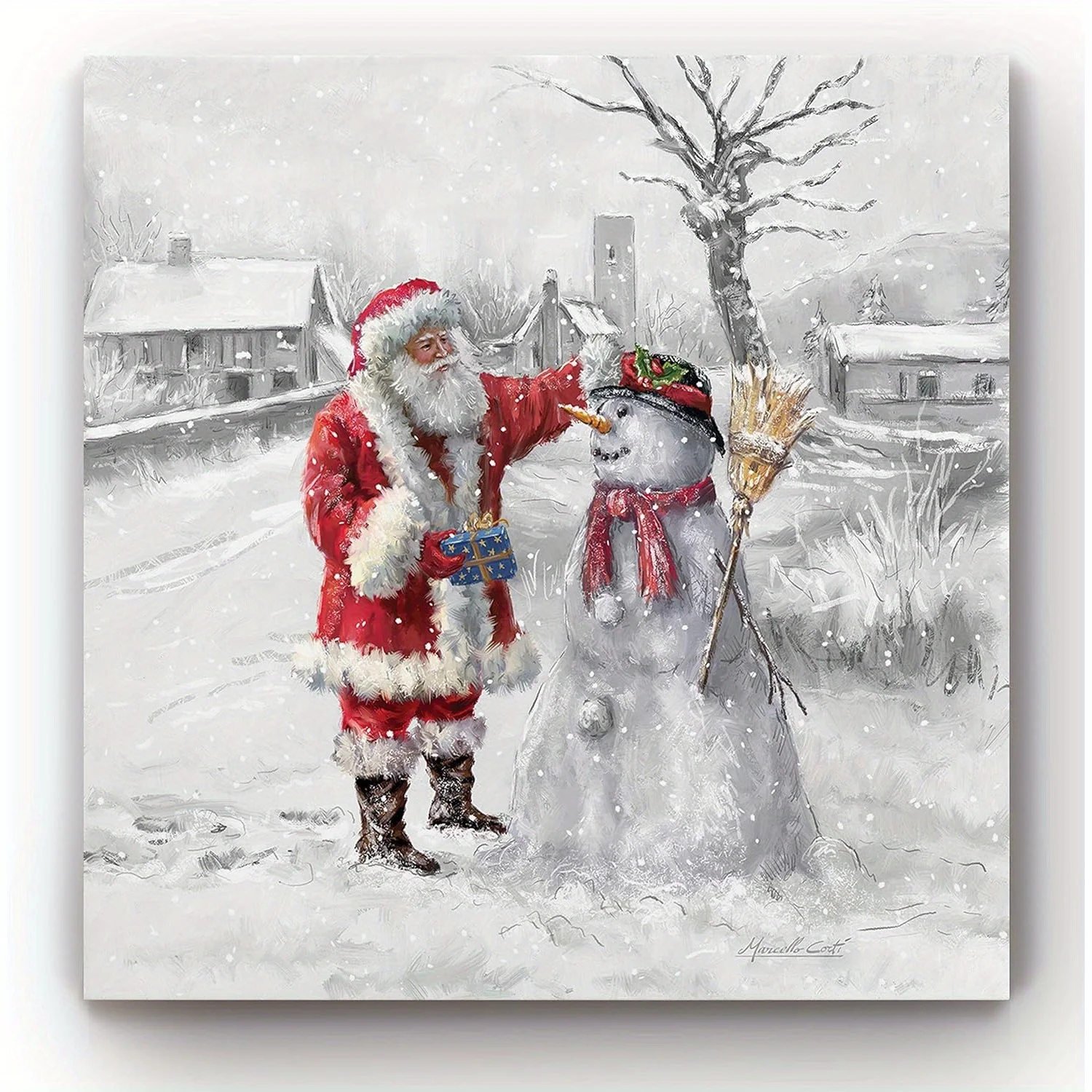 Gallery Christmas Canvas Painting Merry Father Christmas and Snowman Winter Snow Mural Dining Room Living Room Home Decoration