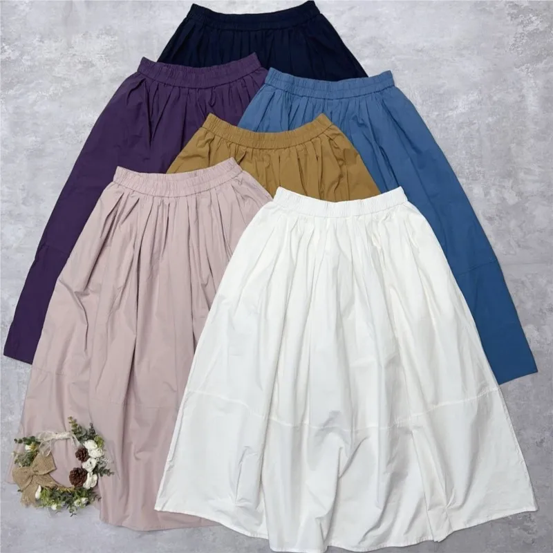 

Johnature Japanese Six-color Elastic Waist Pressed Skirt Women Summer New Korean Straight High-waisted A-line Thin Women Skirts