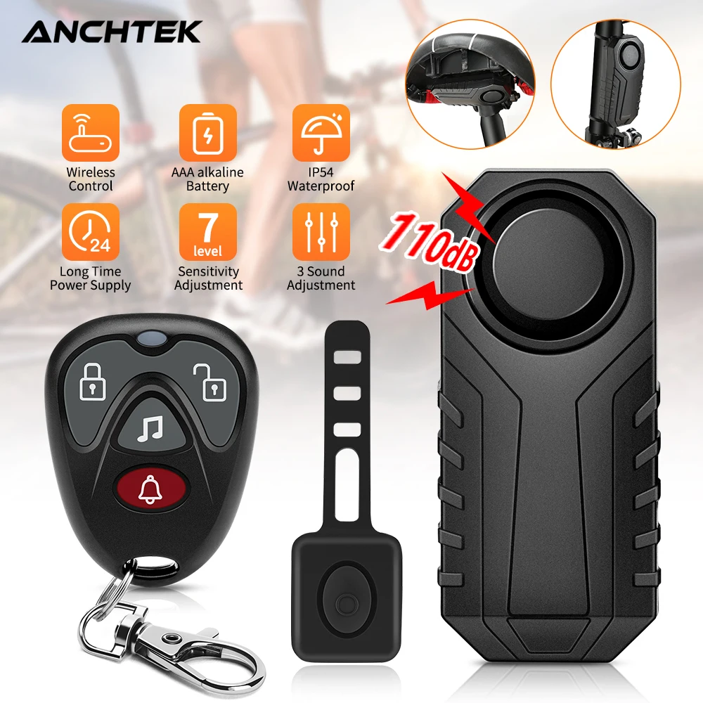 Anchtek Anti-theft Bike Alarm Remote Control 110dB Vibration Sound Waterproof Motorcycle Scooter Electric Bicycle Security Alarm