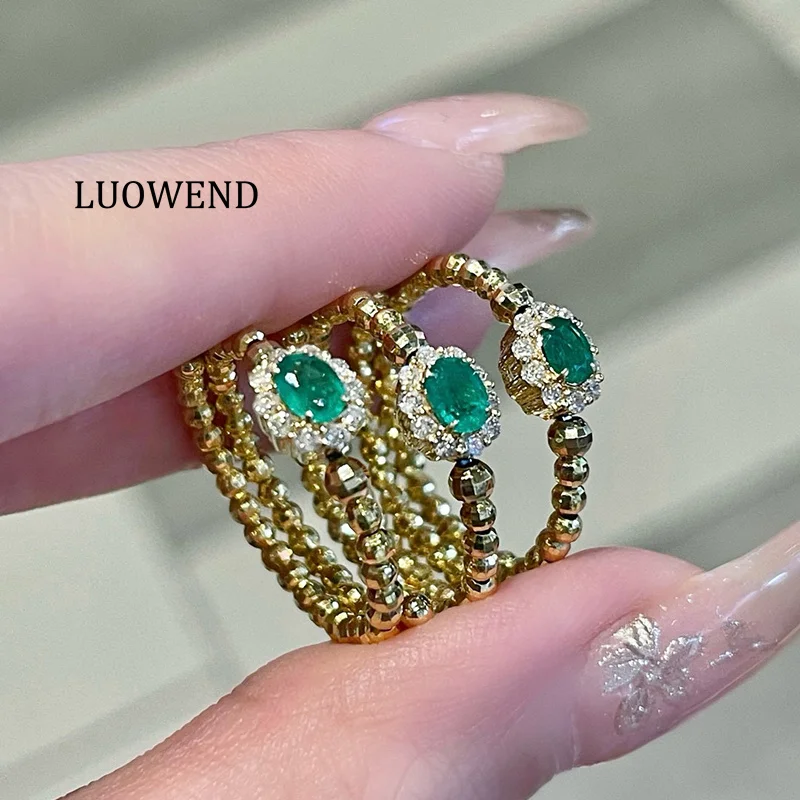 

Кольца LUOWEND из 100% желтого золота 18 карат, модное кольцо в стиле INS с блестящими бриллиантами и натуральным изумрудом, драгоценный камень для женщин, ювелирные изделия для вечеринок