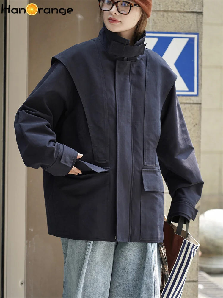 

HanOrange 2025 Autumn Winter Fashion Atmospheric Short Windbreaker Women 3D Loose 100% Cotton Trench Coat Navy Blue