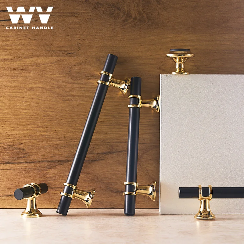 YM Simple Cabinet Handles Black And Gold Furniture Pulls Luxury Kitchen Door Knobs Straight T Bar Cupboard Hardware  222
