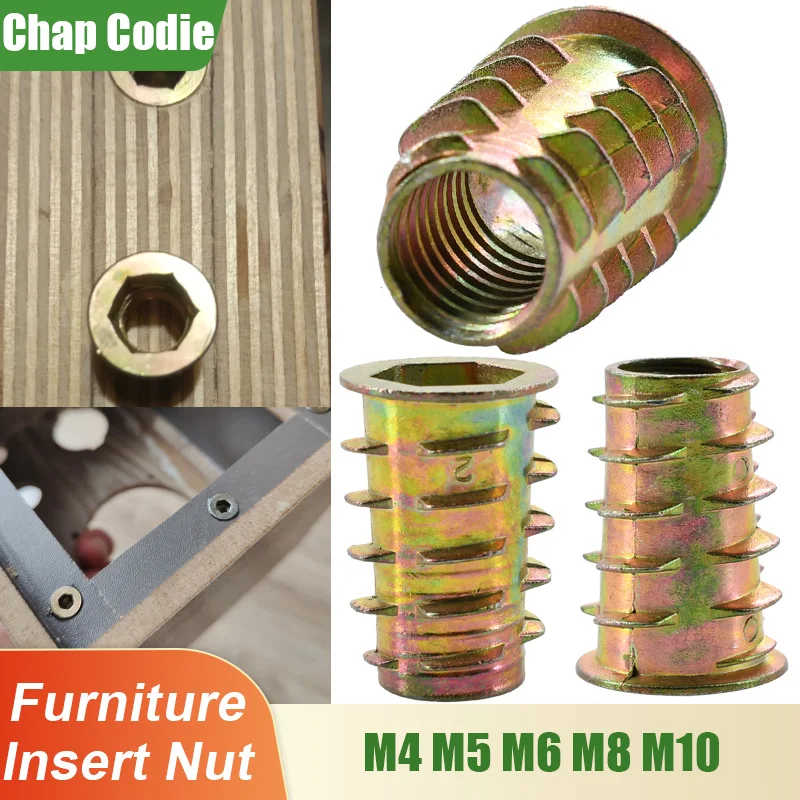 M4 M5 M6 M8 M10 Zinc Alloy Furniture Insert Nut Woodworking Threaded Hex Drive Flange Embedded Nuts For Bed Chair Cabinet Table