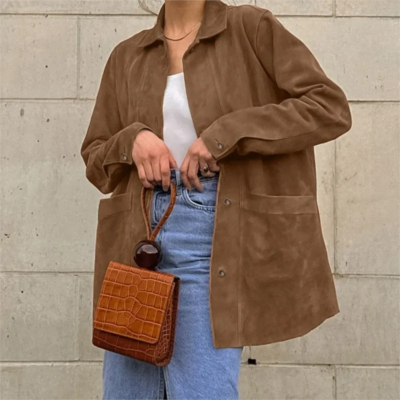 

Fashion suede lapel collar pockets single breasted solid color coat for autumn/winter women's temperament and versatile jacket