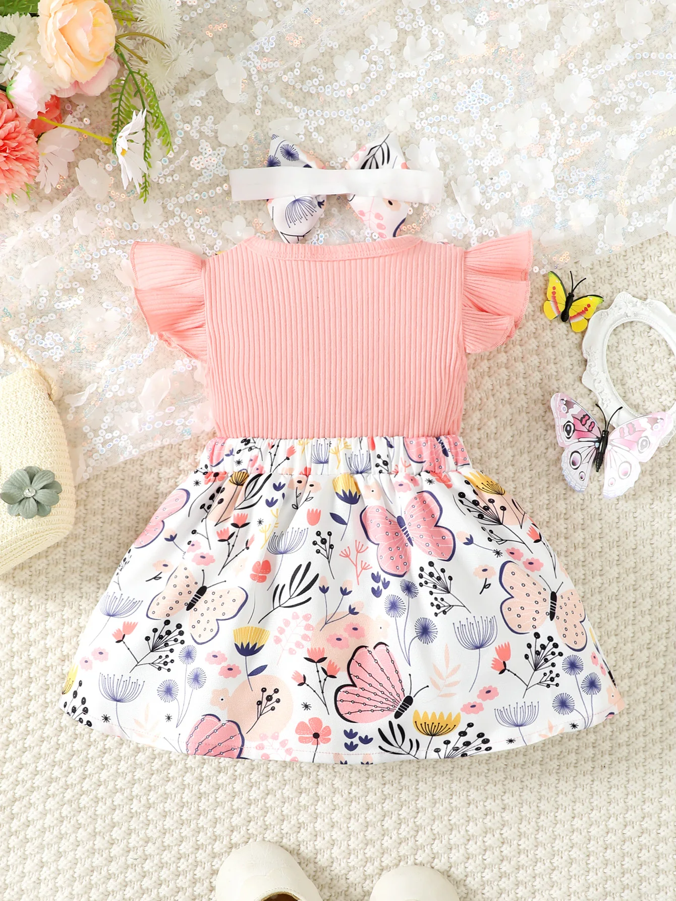 3-24Months Newborn Baby Girl Dress Ruffle Edge Short Sleeved Butterfly Print Dresses Infant Clothing Summer Fashion Cute Dress