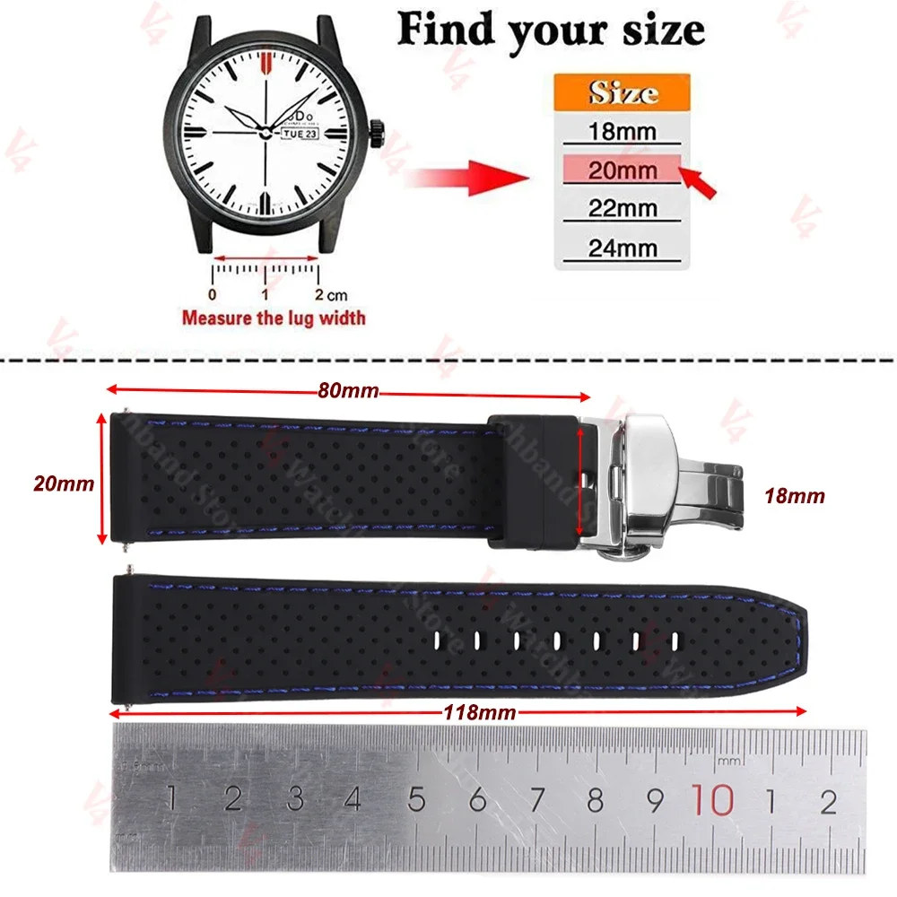 20mm 22mm Premium Silicone Watch Band Butterfly Buckle Waterproof Soft Rubber Strap Breathable Strap Replacement Universal Watch