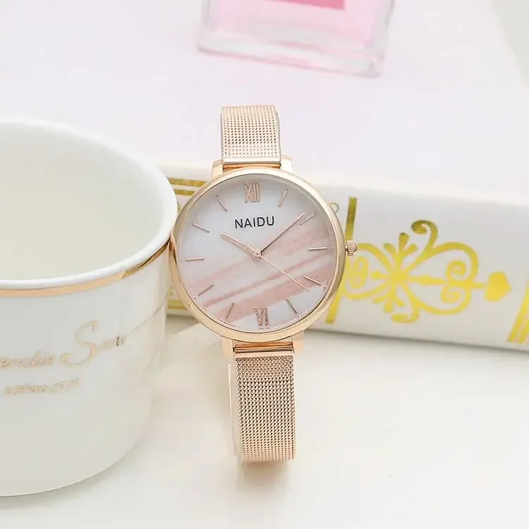 Reloj de pulsera de oro rosa con taladro de agua para mujer, joyería femenina, relojes de pulsera de cuarzo casuales con hora, moderno y elegante