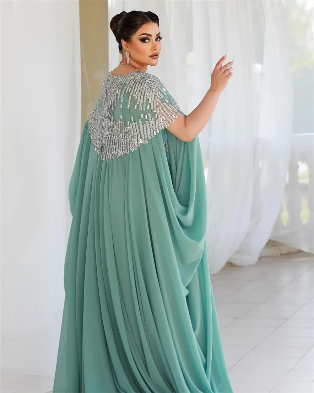 تخصيص Jiayigong موضة الخامس الرقبة غمد Quinceanera المشاهير الترتر ثنيات الشيفون فساتين السهرة امرأة أنيقة الجلباب دي كو