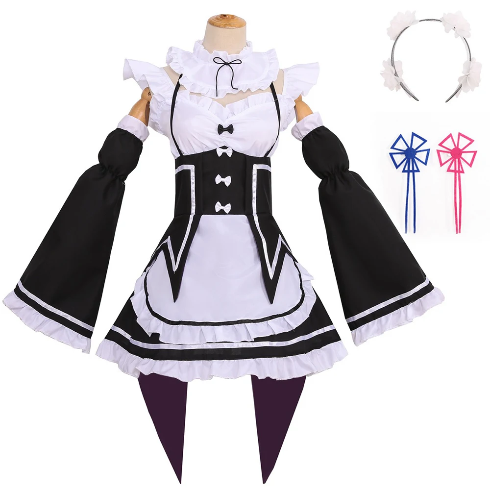 Re Zero Ram Rem Cosplay Costume Anime Maid Dress Black White Lolita Uniform Outfit Halloween Carnival Party Role Play Costume view 2