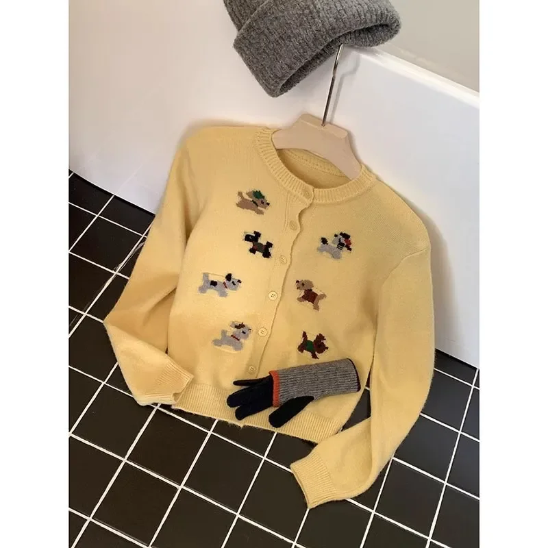 

Sweater Korean Style Soft Fashion Sweet Cartoon Yellow Dog Pattern Knitted Open Cardigan Women's Autumn Winter round Neck