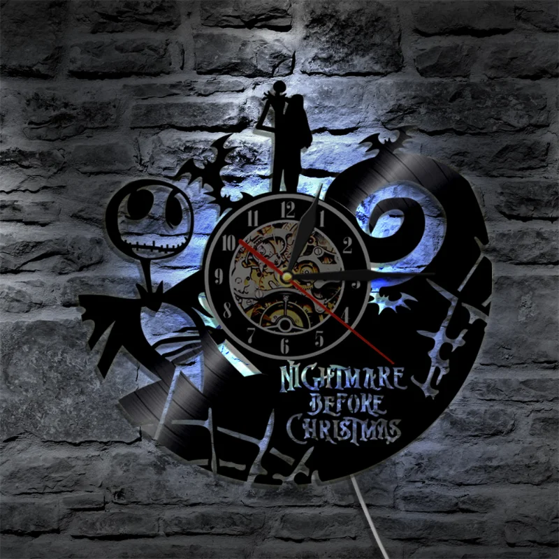 Nightmare Before Christmas Vinyl Record Wall Clock for Home Theater Movie Room Decor Cartoon Characters Halloween Clock Gift Toy