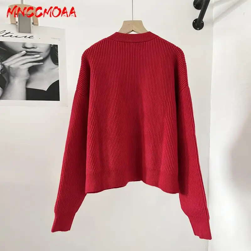 MNCCMOAA-Women\'s Long Sleeve Button Knitted Sweater, Loose Cardigans, Chic Fashion, Casual Pockets Outwears, High Quality, 2024