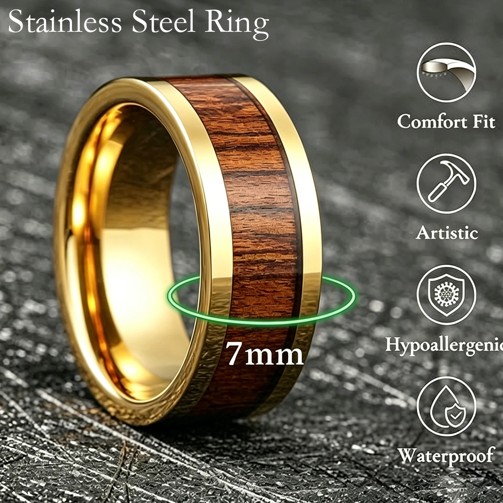 Golden or Sliver 125kHz T5577 Chip Stainless Steel Ring,inlays Epoxy Blue or Brown Wood Grain Slice