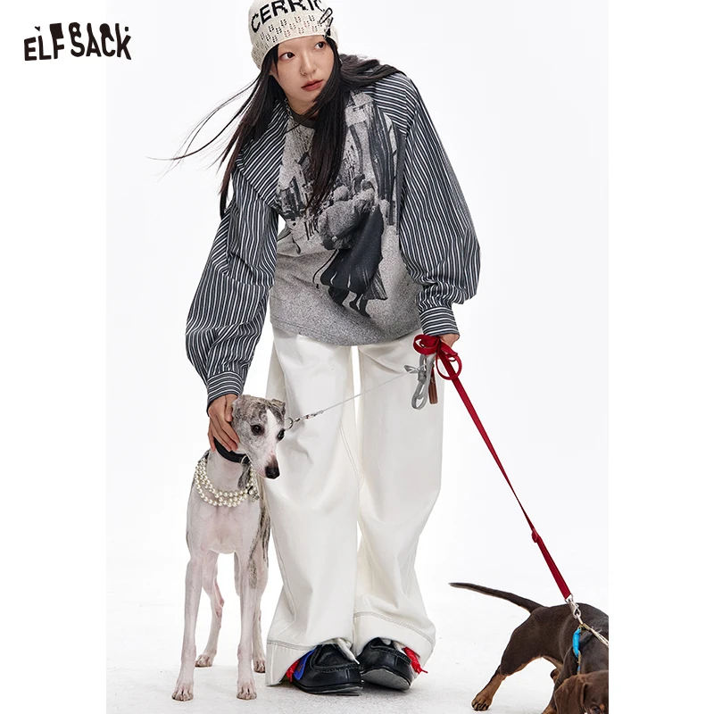 ELFSACK 2025 الشتاء الوافدين الجدد الرجعية مخطط قميص خياطة ملابس منقوشة بكم طويل القطن تي شيرت المرأة