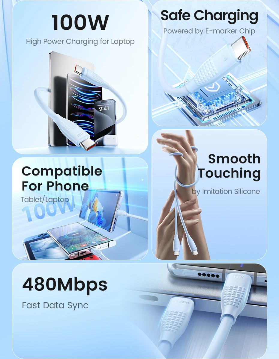 Toocki 100W/60W PD Fast Charging USB C to USB C Cable 1M 1/2/3/5Pcs Colorful TPE Type C Cable for iPhone Xiaomi Huawei Samsung