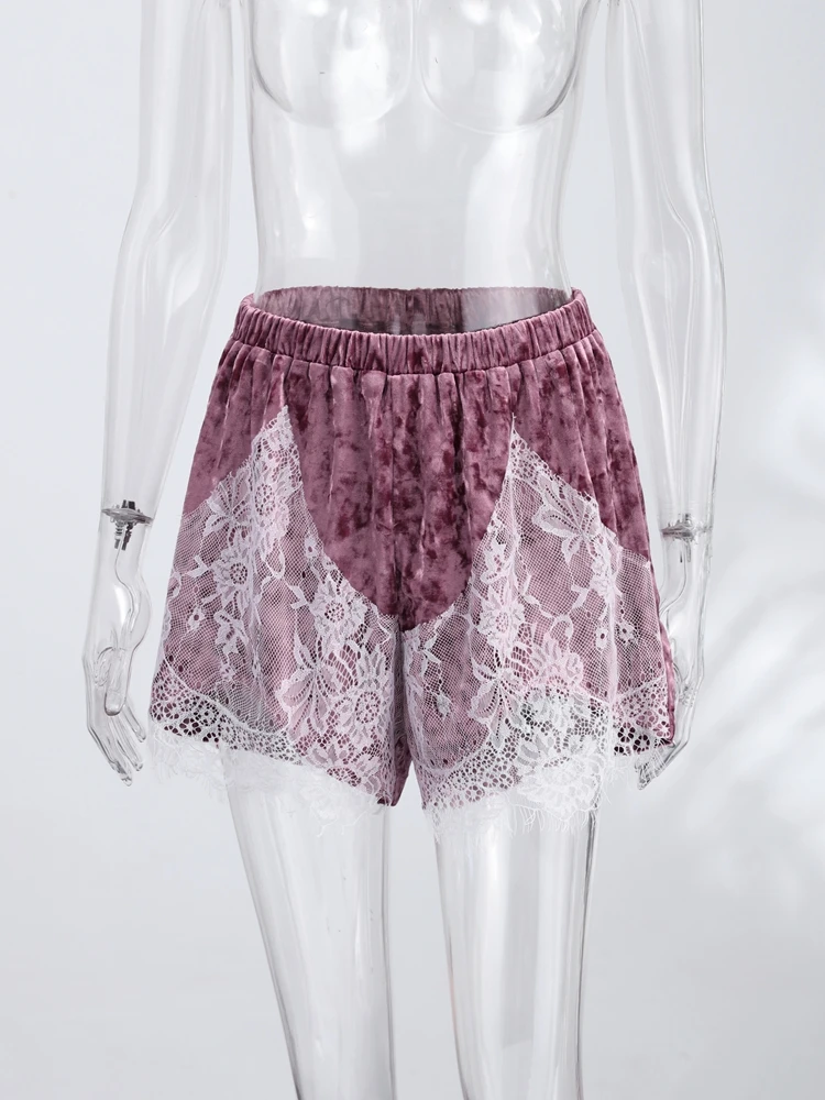 Women's Shorts Velvet Patchwork Lace See Hollow Out Irregular Hem Loose Shorts Charming Female Elastic High Waist Loungewear New