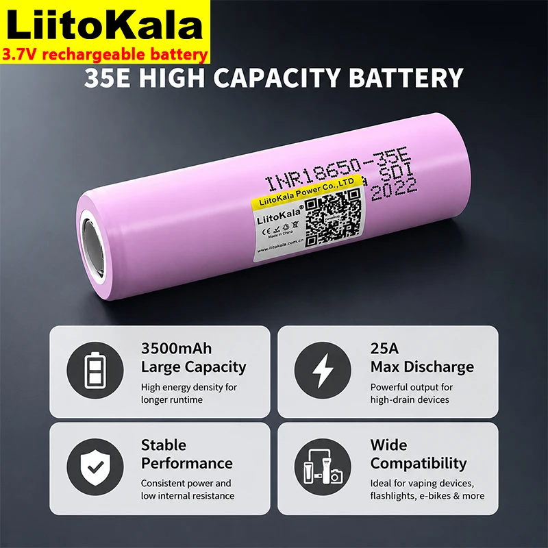 LiitoKala INR18650-35E 3500mAh 25A High Drain Lithium Ion Rechargeable Battery Low Internal Resistance For E-bike Flashlight
