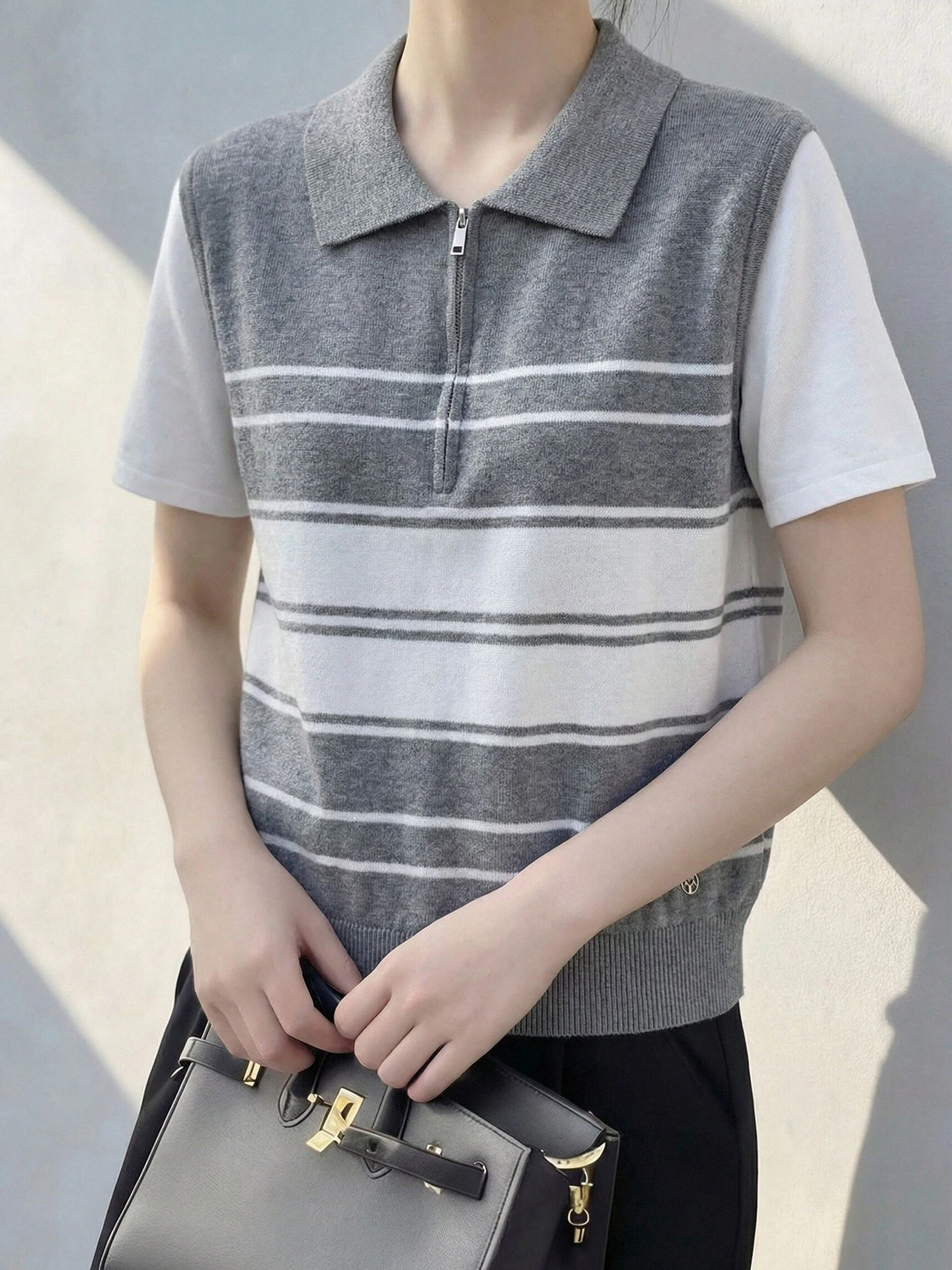 

Korean Style Soft Striped Knit Top Elegant Simple Short Sleeve Shirt Spring Summer Soft Small Shirt Beautiful Fake Two-Piece