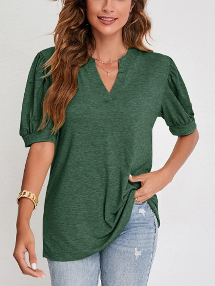 Casual V-ausschnitt Blase Kurzarm Einfarbig Lose frauen T-shirt High Street Fashion Täglichen Pendeln Stil Sommer Top