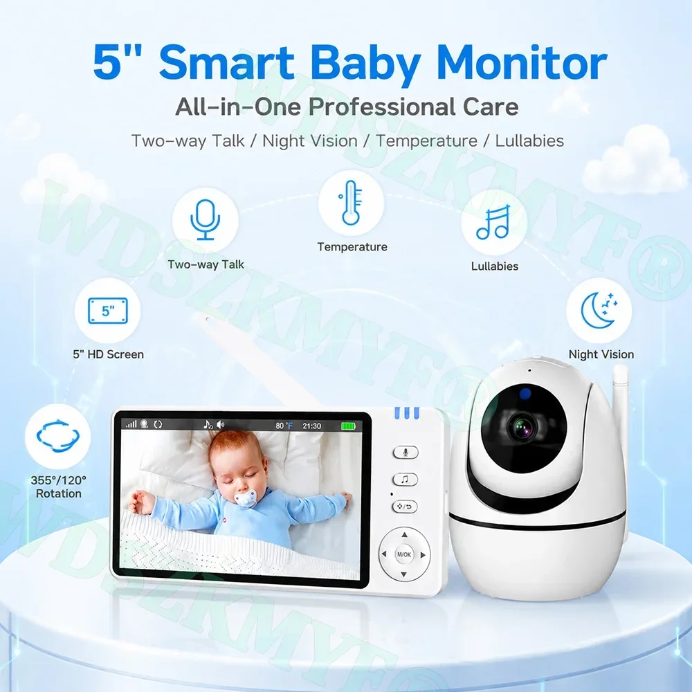 5 Inch Video Baby Monitor With 4X Zoom Babyphone Camera Bebe Nanny Monitors Mother Kid Two Way Audio Night Vision Babysitter