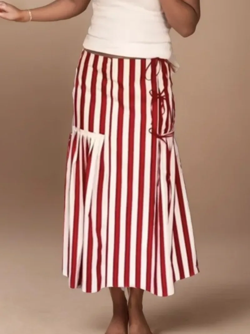 

2025 Fashion Striped Long Skirts Bow Decoration Midi Skirt Summer New Splicing Design Long Skirts for Women Casual Streetwear