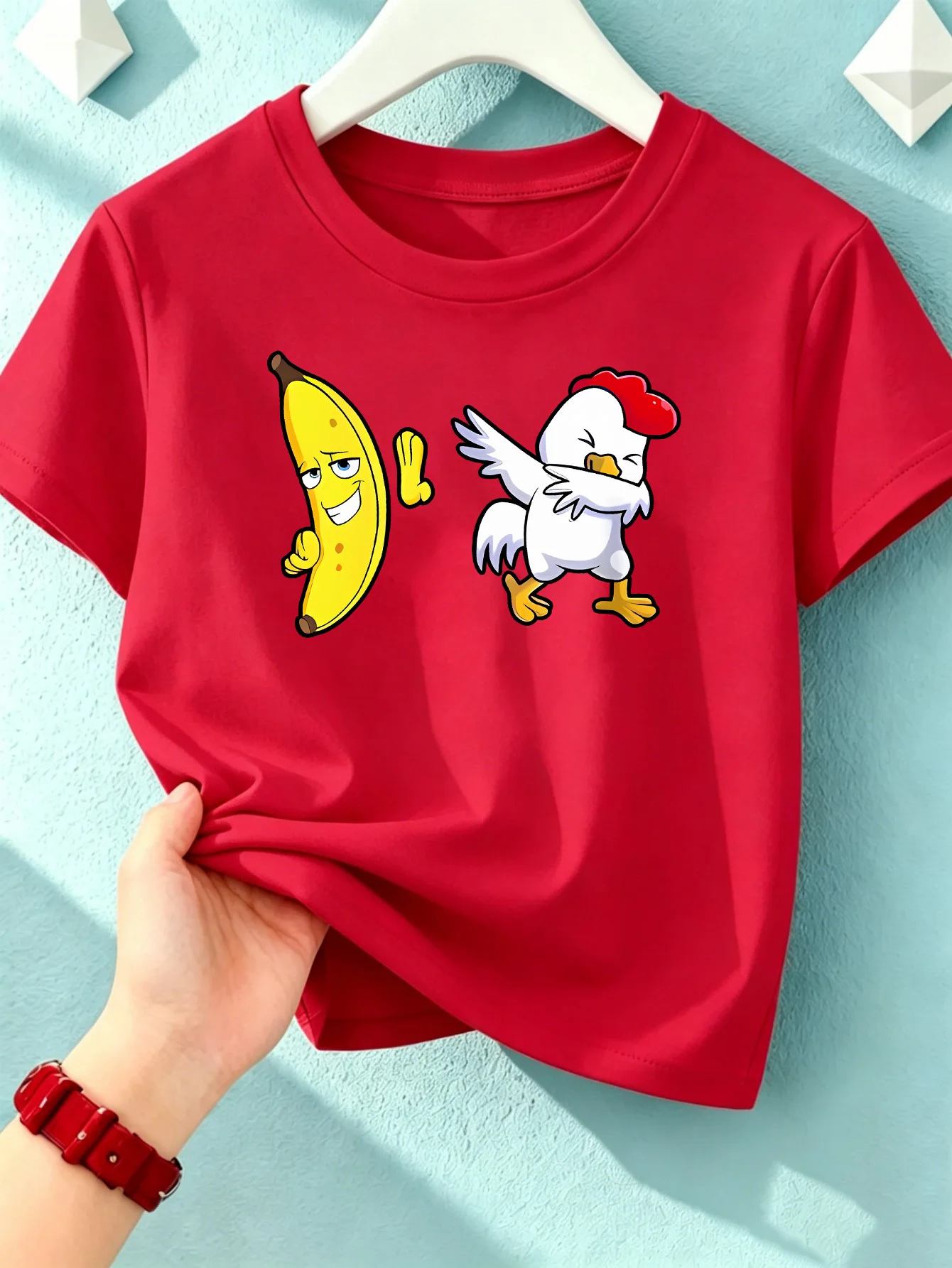Funny Dabbing Banana And Chicken Cartoon Kids T Shirt Boys Girls Short Sleeve Crew Neck Cotton Parent Matching Top Toddler Youth