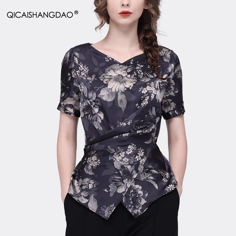 Vintage Floral Printed Women' Satin Top Short Sleeve V-Neck Crossed Design Fashion Casual Blouses Shirts
