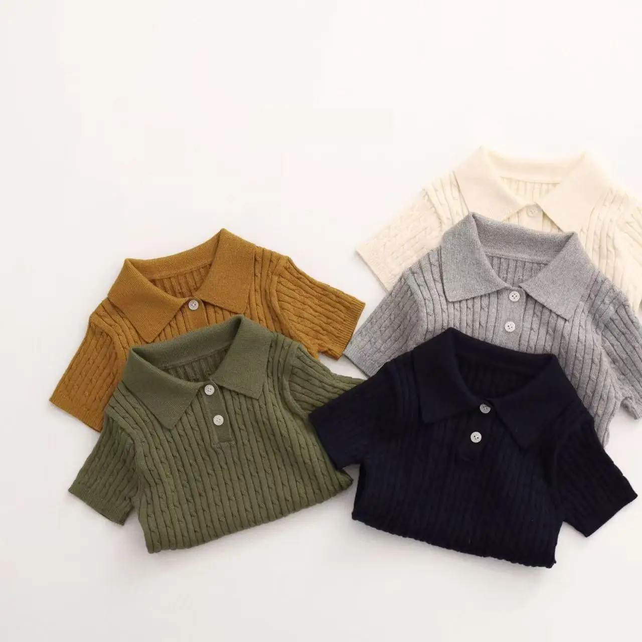 

2026 Spring Summer New Children Sweater Solid Simple Girls Short Sleeve Knitted Tops Kids Boys Cotton Casual Bottoming Shirts